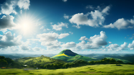 Beautiful valley in Castelluccio at summer, Umbria, Italy, Green sunny mountain landscape with big white cloud in form of explosion in blue sky above green hills in sunlight. Beautiful sunny scenery w