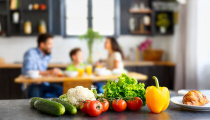 Sticker - Healthy food on the table with family in the background at home