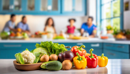 Canvas Print - Healthy food on the table with family in the background at home