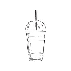 A line drawn illustration of a plastic disposable coffee cup, suitable for cold coffee shop drinks such as smoothies, iced coffee and iced tea. Drawn by hand in a sketchy style and vectorised.