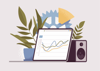Laptop screen, line data graphical representation, financial graphs display. Computer program page presenting, monitoring budget, expense. Vector illustration, botanical leaf, music column background
