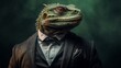 © shuvodesign - Sophisticated black iguana with a monocle green eyes.Generative AI
