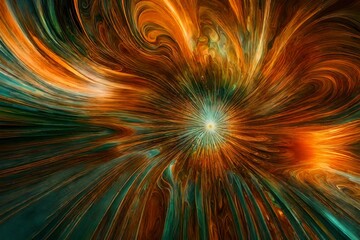Wall Mural - Liquid jade and tangerine radiating with a celestial aura, an abstract masterpiece.