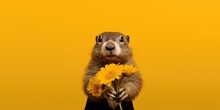 A Groundhog Holding A Bunch Of Yellow Flowers