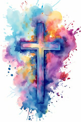 Wall Mural - Christian cross colorful watercolor explosion isolated on white background