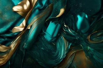 Wall Mural - Iridescent teal and liquid gold intermingling in a symphony of radiant hues.