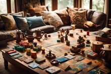 A Family Having A Game Night With Board Games Spread Out On A Coffee Table In A Cozy Living Room.