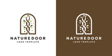 Creative Nature Door Logo. Doorway Tree Leaves With Minimalist Style. Window And Natural Leaves Icon Symbol Vector Design Template.