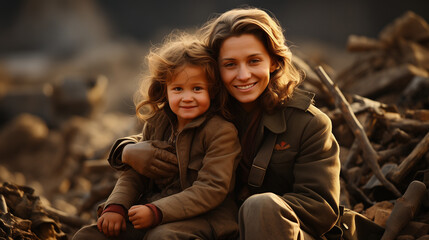 young soldier lady enjoying herself with her daughter in war