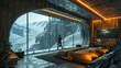 The interior of a futuristic hotel room with AI assistants in the icefields