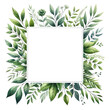 A square watercolor frame green leaves on transparent background