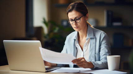 Canvas Print - Focused woman working on a laptop and reading a document.