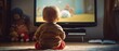 © Mickael - Back view of a little boy sitting in front of tv. Rear view of child watching television in living room. Child watching television in living room. Films or movies for kids. Generative ai
