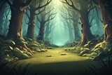 Fototapeta  - background illustration of a dirt road in the middle of a foggy forest