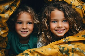 Wall Mural - Two girls looking excited on green and yellow sheets 