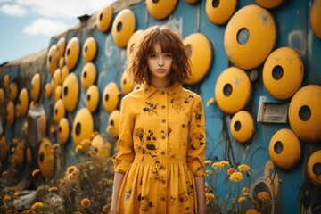 Poster - Young asian girl is posing in front of some yellow flowers beside blue wall