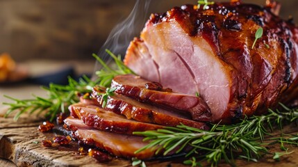 Homemade, warm, steaming Glazed Easter Spiral Cut Ham