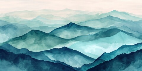 Canvas Print - Minimalistic landscape art background with mountains and hills in blue and green colors. Abstract banner in oriental style with watercolor texture for decor, print, wallpaper