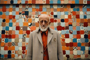 Canvas Print - Old bearded  man in a suit standing in front of a terracotta wall