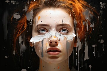 Wall Mural - Young lady with beautiful face using tissue to wash her face, redhead girl