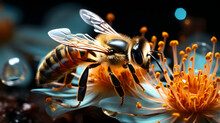 Close-up Of A Bee On Vibrant Orange Flowers With Water Droplets, Showcasing Nature's Intricate Details.
