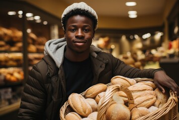 Sticker - Younger  black man holding a basket with bread  in the mall