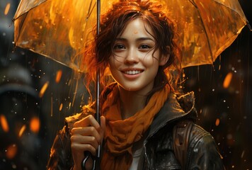 Wall Mural - Smiling woman playing in the rain - holding an umbrella