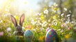 Easter bunny ears with easter eggs on meadow with flowers background banner