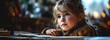 © EMRAN - 5 year old girl is considering something naive, before his study desk.
