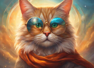 Wall Mural - Cat wearing glasses. Scientist cat. Round glasses. Ginger cat. Fantastic background. Close-up. Selective focus. AI generated
