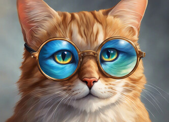 Wall Mural - Cat wearing glasses. Scientist cat. Round glasses. Ginger cat. Fantastic background. Close-up. Soft focus. AI generated