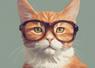 Wall Mural - Cat wearing glasses. Scientific cat. Round glasses. Red-headed cat. Close-up. Selective focus. AI generated