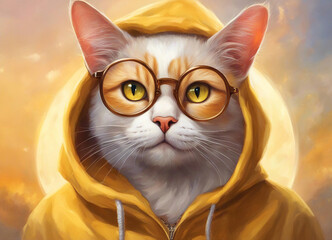 Wall Mural - Cat with glasses. The cat is wearing a yellow hoodie. Round glasses. Ginger cat close up. Fantastic backdrop. Selective focus. AI generated