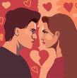 Vector illustration of a couple in love on a background of hearts quarrel family psychology of relationships discord in the family postcard for February 14 Valentine's Day