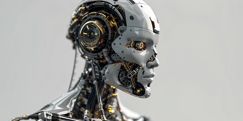 A 3D rendering of a robot head with a digital brain engine, using AI technology, on a white background with a clipping path.