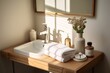 © ckybe - Vanity with bare base and personal care items for morning ritual.