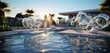 A modern backyard with a pool flanked by a series of sculptural water jets, each jet creating 3D intricate, dynamic water patterns, sculptural splendor