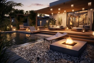 Wall Mural - A modern backyard with a pool featuring a sunken lounge area, the overhead lighting creating 3D intricate, cozy patterns