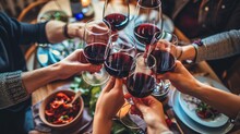 Joyful Companions Clinking Crimson Wine Goblets At Social Gathering, Group Enjoying Midday Meal At Pub Eatery, Lifestyle Idea Of Friends And Acquaintances Dining And Drinking.