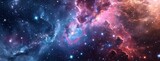 Fototapeta Kosmos - Concept of web banner. Magic color galaxy. Horizontal space background with realistic nebula, stardust and shining stars. Infinite universe and starry night sky.