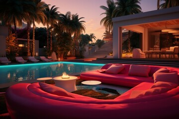 Wall Mural - A luxury backyard with a pool showcasing 3D patterns in electric red, neon azure, and sunlit gold, set against a backdrop of a high-end outdoor cinema and a cozy lounge space, in