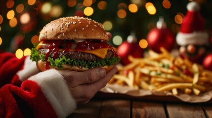 Christmas burger and french fries delivery menu. Santa hands with big tasty cheeseburger with french fries and ketchup sauce on festive Christmas and New Year decorated background