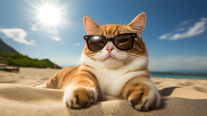 A cat resting on a beach by the sea