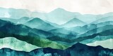 Fototapeta Natura - Minimalistic landscape art background with mountains and hills in blue and green colors. Abstract banner in oriental style with watercolor texture for decor, print, wallpaper
