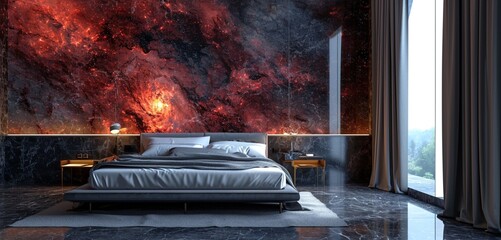 A modern bedroom featuring a 3D intricate wall displaying a neon abstract galaxy design in fiery red and black complemented by a sleek silver bed