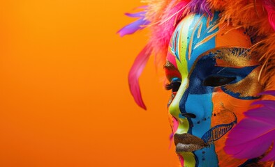 Wall Mural - colorful mask on orange background with colorful feathers