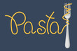 © Tatiana - Lettering Pasta and fork with spaghetti on a dark background. Food logo, restaurant menu. Vector