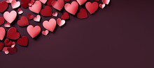 Festively decorated Valentine's Day hearts on dark red background, flat lay. space for text