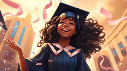 Cheerful african american graduate girl in cap and gown celebrating graduation