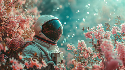 Wall Mural - beautiful astronaut standing in in a field of flowers on a different planet